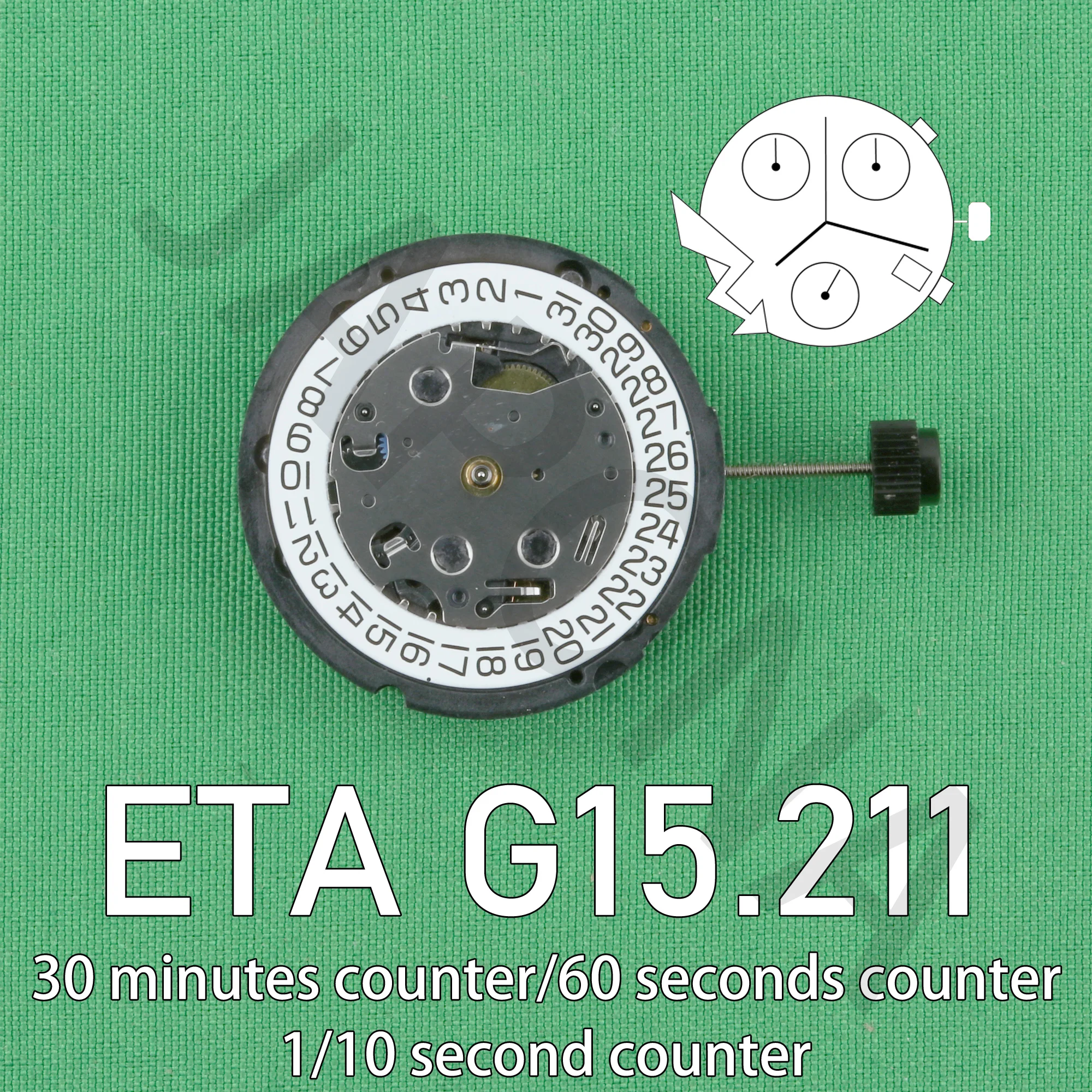 

ETA G15.211 movement 6 hands watch movement G15 211 Swiss movement 30 minutes counter/1/10 second counter/Date/60 seconds count