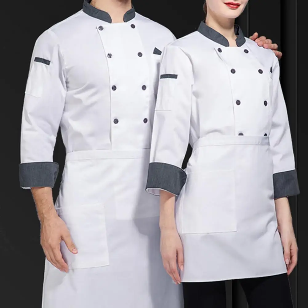 Chef Shirt Professional Double-breasted Chef Jacket with Stand Collar Pocket Design Long Sleeve Uniform Coat for Restaurant