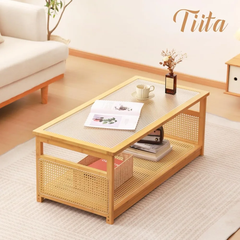 Mid-Century Modern 2-Tier Storage Coffee Table with Rattan and Glass Top for Living Room