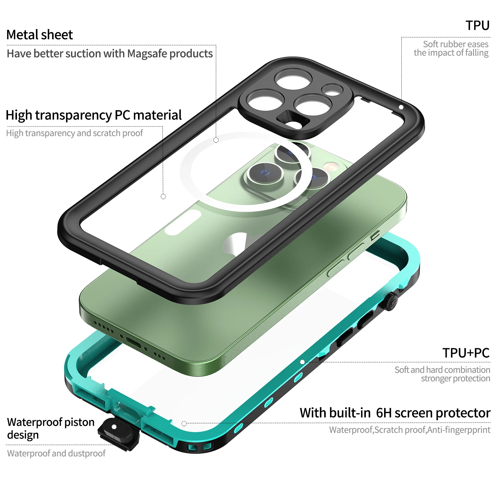 

Водонепроницаемый и пылезащитный чехол Shellbox для iPhone, магнитная зарядка, дайвинг, подводный, 360, полное покрытие, IP68, 16, 15, 14, 13 Pro Max Plus