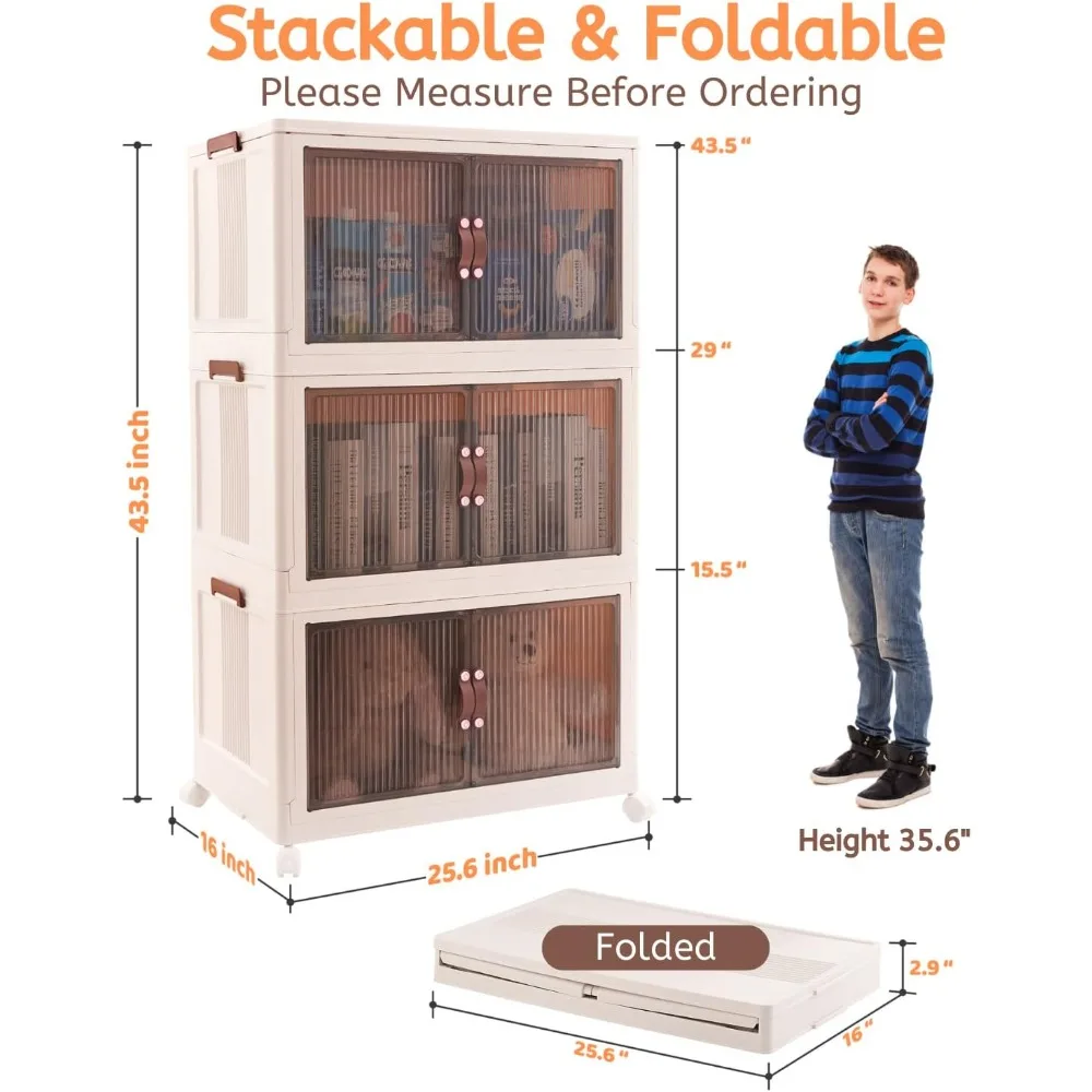 95 QT (285 QT Total) - 3 Tier Folding Storage Bins with Doors - Magnetic Door Foldable Storage Cabinet - Folding Storage Box