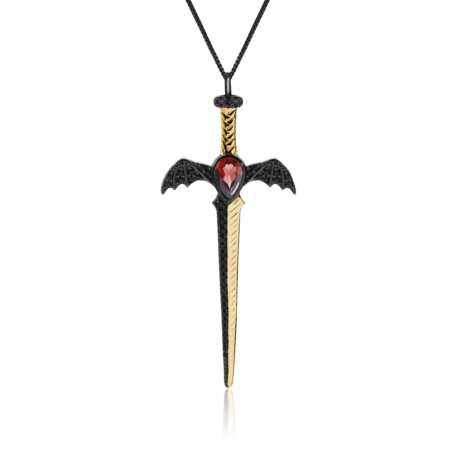 GEM'S BALLET Natural Garnet 925 Sterling Silver Bat's Wing Sword Pendant Vintage Punk Style Necklace Fine Jewelry for Women