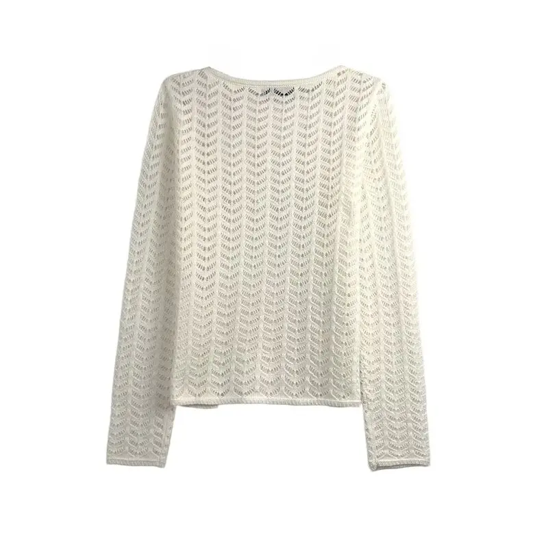 Autumn New Arrival Women's Knitted Open Front Loose Hollow out Texture Long Sve Crew Ne Pullover Faionable Versatile Top