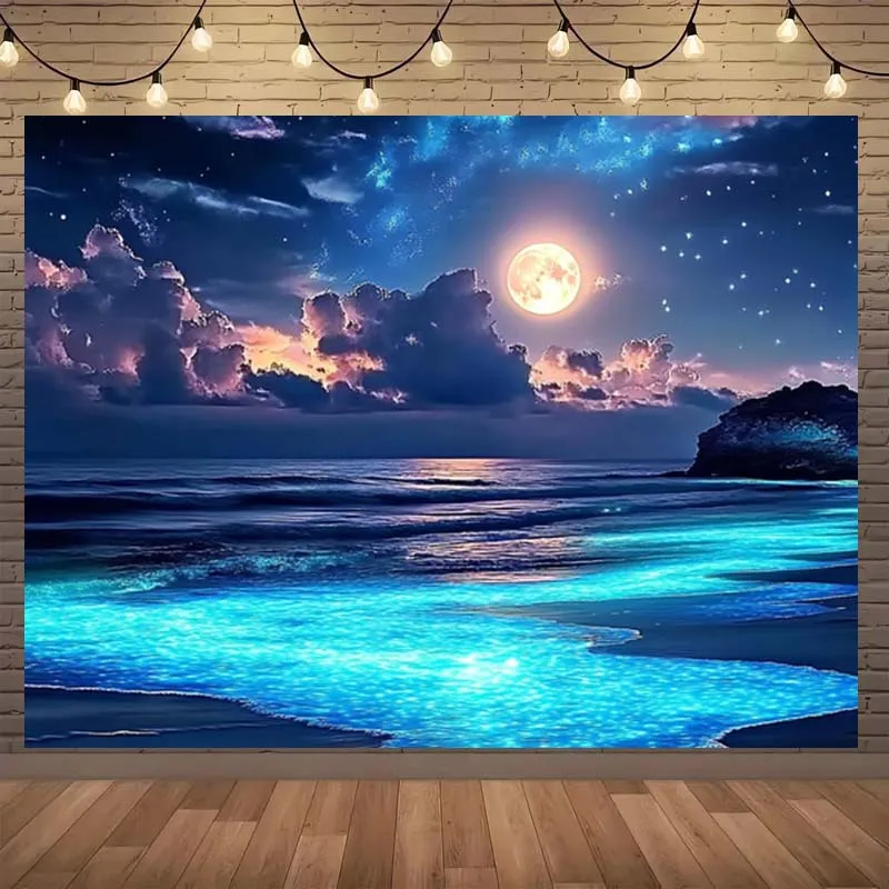 Enchanting Moonlit Ocean Wall Tapestry for Cozy Bedroom Decor, Featuring a Mesmerizing Night Sky with a Full Moon Casting