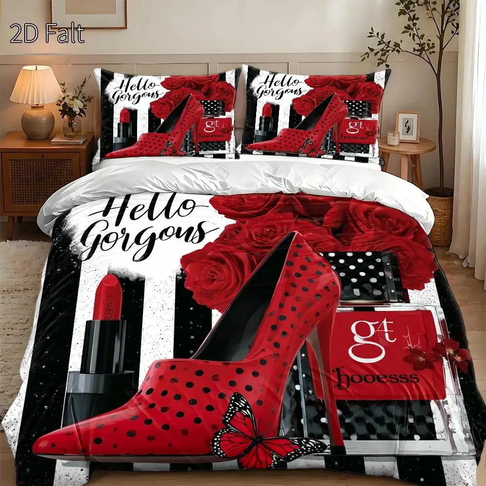 Quilt Cover Set Red Rose High Heeled Shoes Retro Art Style Bedding Set Machine Washable Invisible Zipper Skin Friendly Breathable