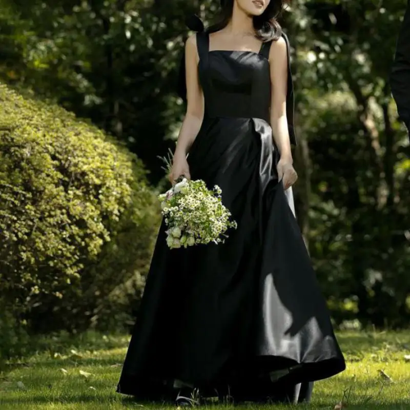 Vestidos de novia sencillos negros para mujer, elegantes vestidos de noche largos de satén con tirantes finos, línea A, Abiti Da Sposa