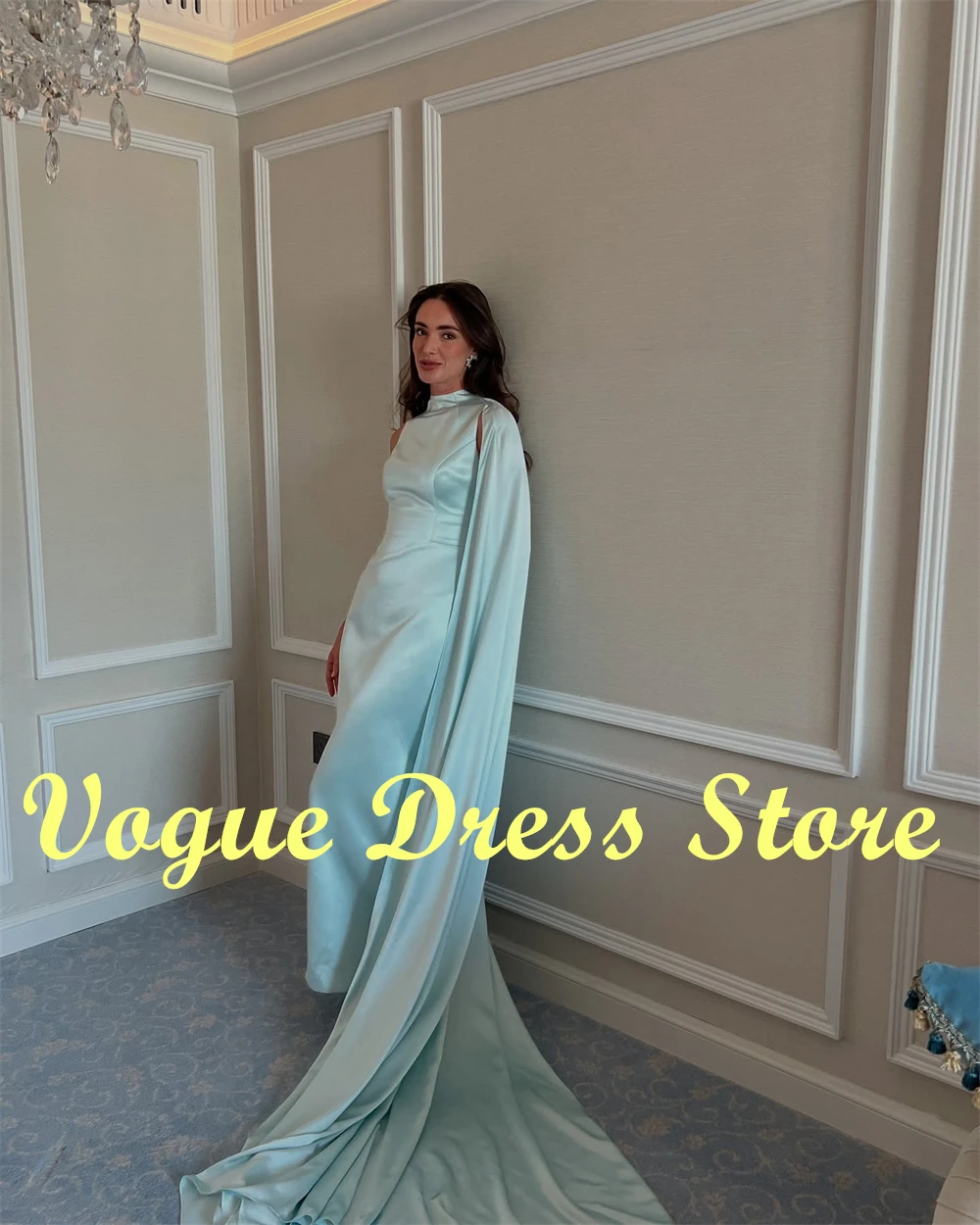 Customized Modern Blue Satin Evening Dress O-Neck Sleeveless Celebrity Gowns Watteau Train Temperament Bridal Party So