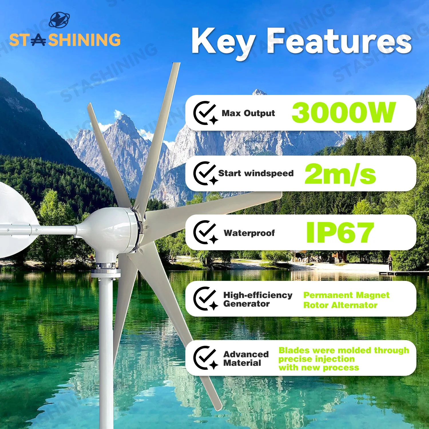 【Higher-Output】Horizontal Wind Turbine Generator 3000W Windmill w/MPPT Charger/Hybrid Solar Wind Power System, Home Use 6 Blades