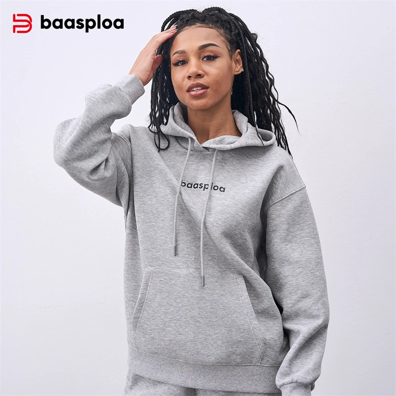 Baasploa New Women Hoodies Autumn Casual Breathable Long Sleeve Hooded Sweatshirts Female Fashion Solid Color Sports Hoodies