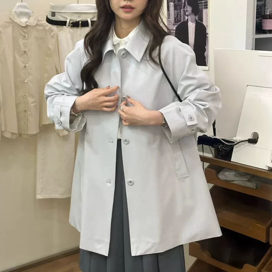 

Spring 2025 Loose Korean Sle Pure Color Slimming Collar Single Button Mid-Length Coat Long Sve Casual Women's Jaet