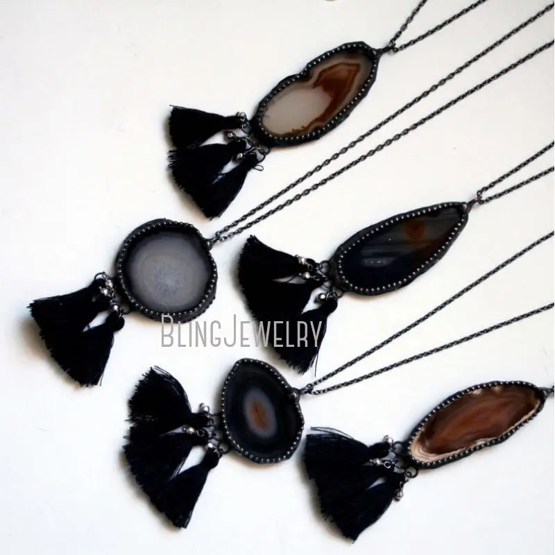 NM40612 Agate Slice Crystal Tassel Necklace Natural   Double Sided  Statement  Halloween Jewelry