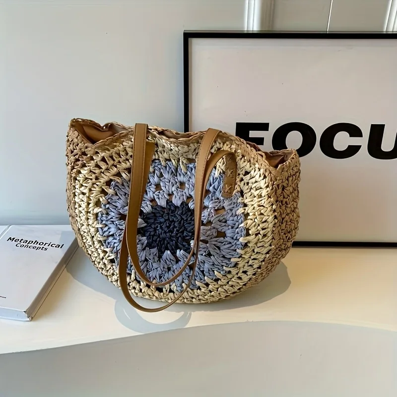 Handgewebte Sommer-Rundstrohtasche im Bohemian-Stil für Damen – Lässige Strand- und Urlaubstasche aus umweltfreundlicher Faserkunst – Detail 9