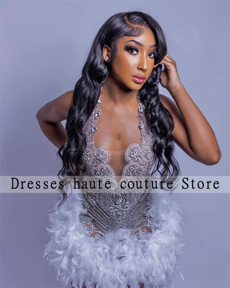 Halter Crystal Rhinestone Short Prom Dresses Black Girls 2025 Birthday Customized Bead Mini Cocktail Dress Feathers Homecoming image 2