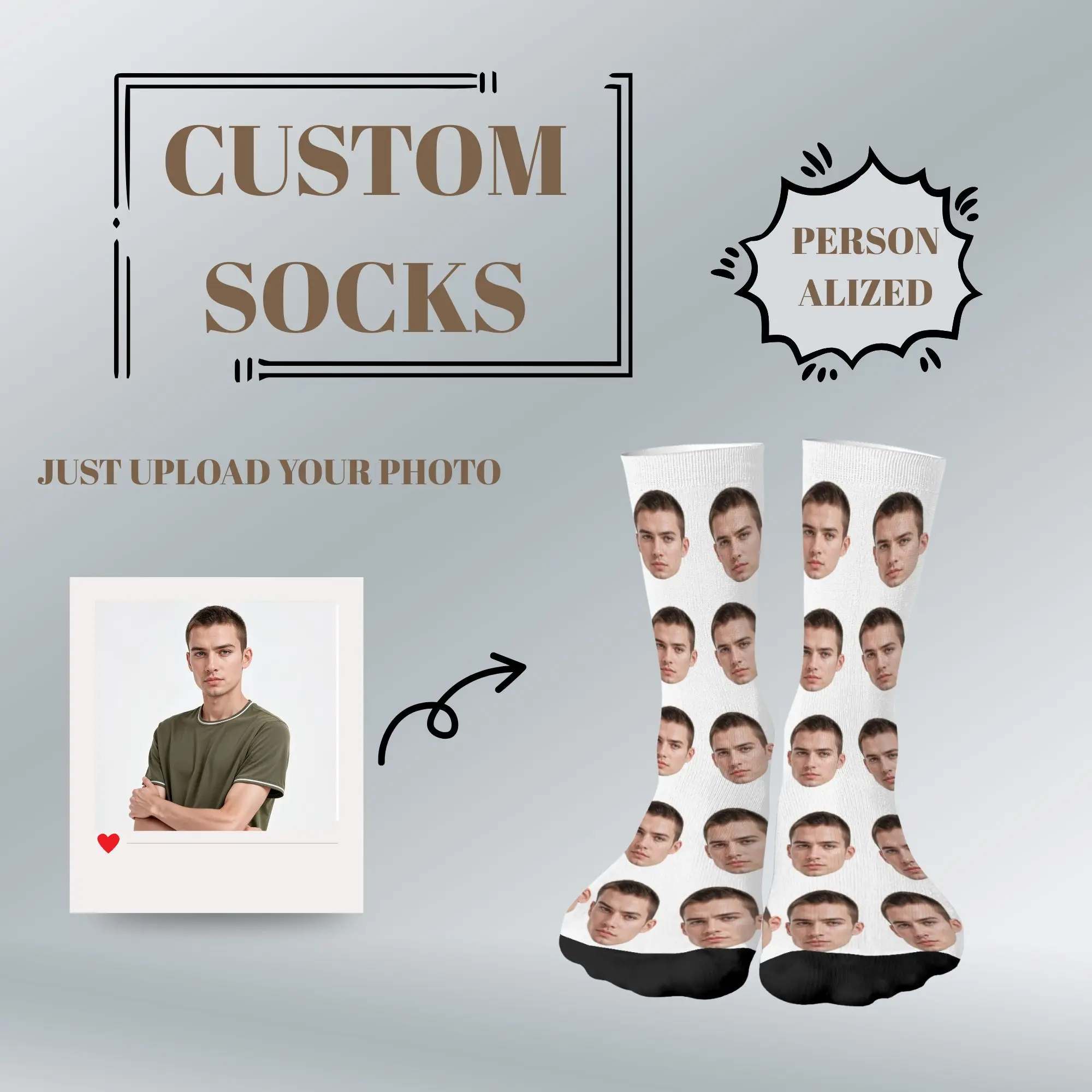 Custom Full-Print Face Crew Socks on Solid Color Personalized Funny Novelty Socks for Friends Family Lover Party or Daily