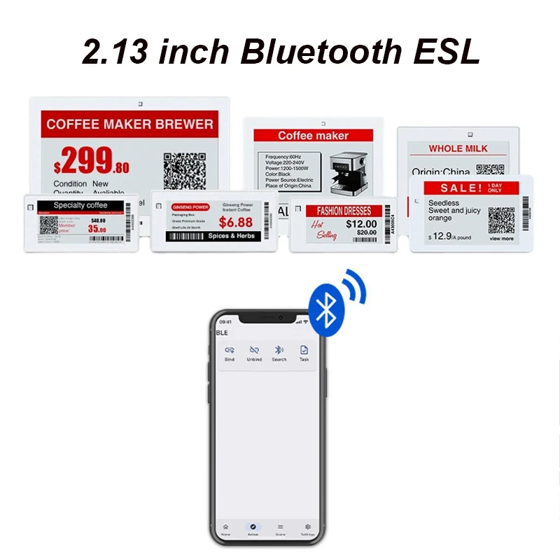 2.13 inch Bluetooth Electronic Price Tag Waterproof Supermarket E-ink Shelf Label E-paper System for Factory Drugstore