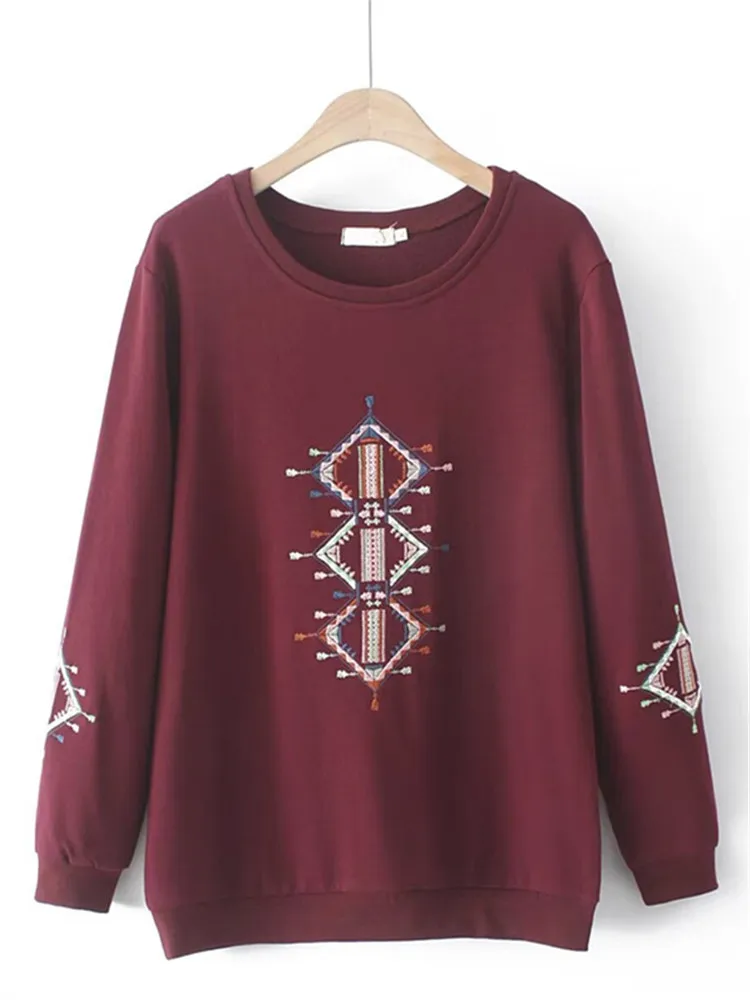 

Plus Size Women's Clothing Spring And Autumn Sweatshirt Geometric Pattern Embroidered Long-Sleeved Crew Neck Terry Cloth T-Shirt