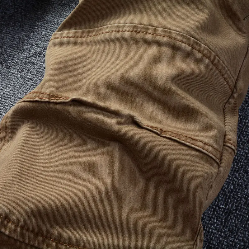 بنطلون جينز ضيق مناسب للرجال من الكاكي ، بنطال هيب هوب مرقع ، جيب بسحاب ، ملابس عصرية ، مصمم