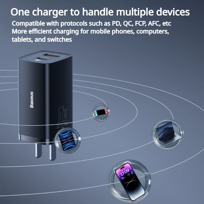 Baseus GaN3lite Fast Charging 67W Charger Multi Port Intelligent Quick Charge Type-C USB Laptop PD3.0 for Macbook iPhone Xiaomi