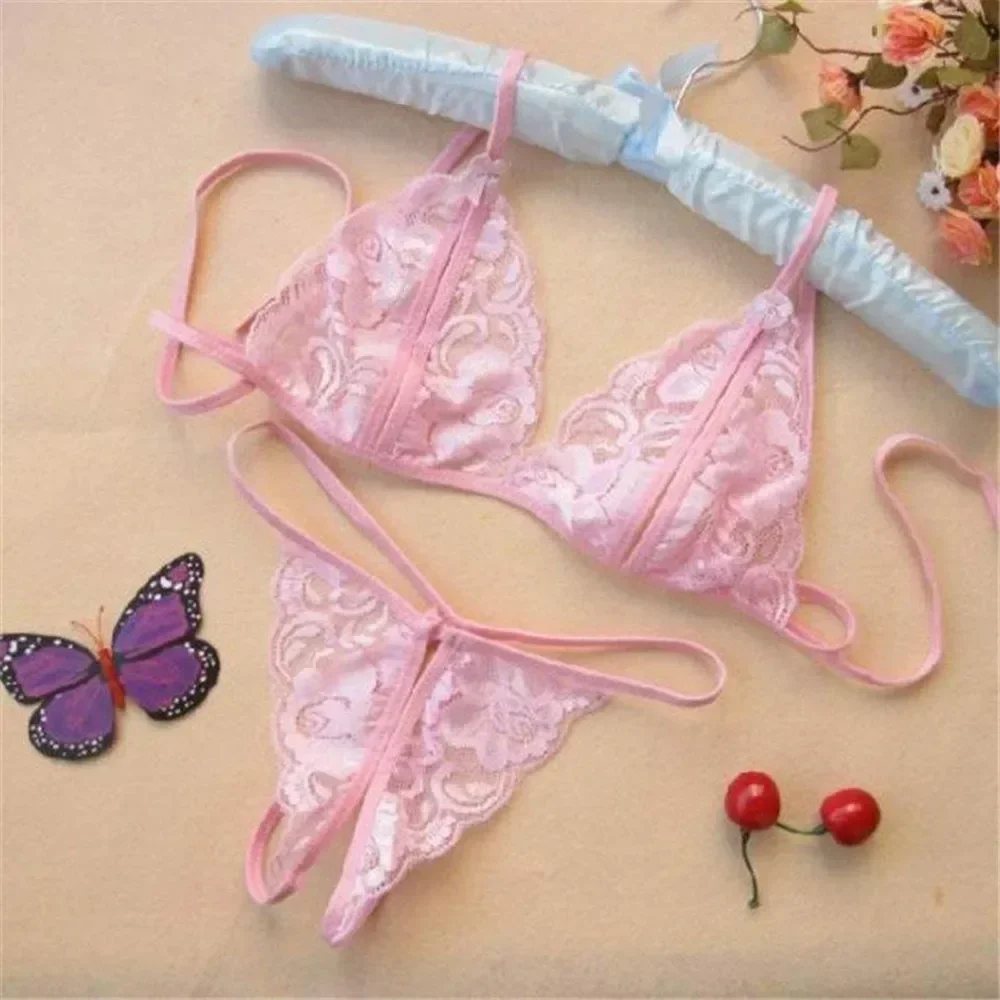 Sexy Women Seductive Underwear Suit Lace Bra Crotchless Thong Panties Erotic Sleepwear Three Point Perspective Nightwear 2pcs