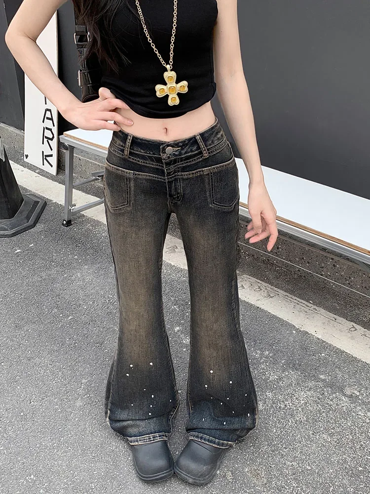 American style design splashed ink slim fit jeans women's summer 2025 new style vintage high waist slimming bell bottom pants