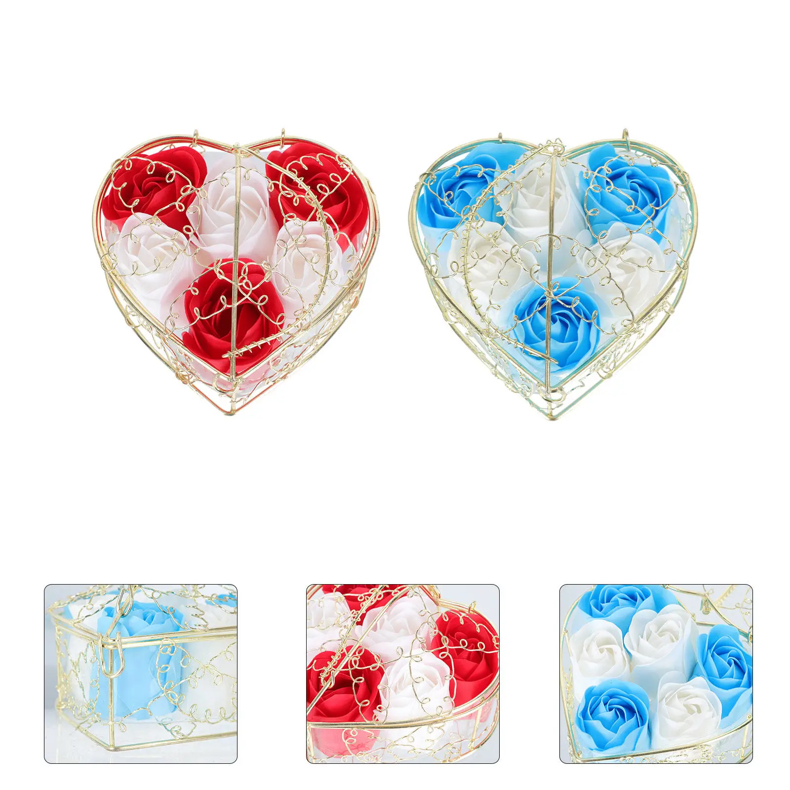 

2Sets Preserved Soap Flower Gift Box Heart Shaped Iron Basket Romantic Artificial Rose Decorative Creative Hollow Festival