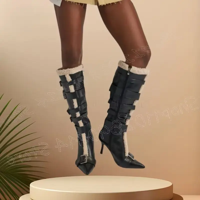 

Lamb Wool Black Buckle Pointed Toe Boots Side Zipper Women Shoes Thin High Heels Fashion Party Banquet 2026 Zapatos Para Mujere