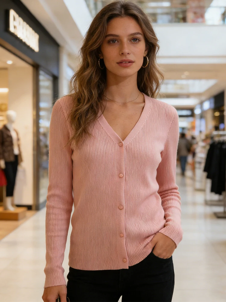 

Женский вязаный кардиган SLTNX с длинным рукавом, V-образным вырезом и пуговицами, на весну и осень, однобортный