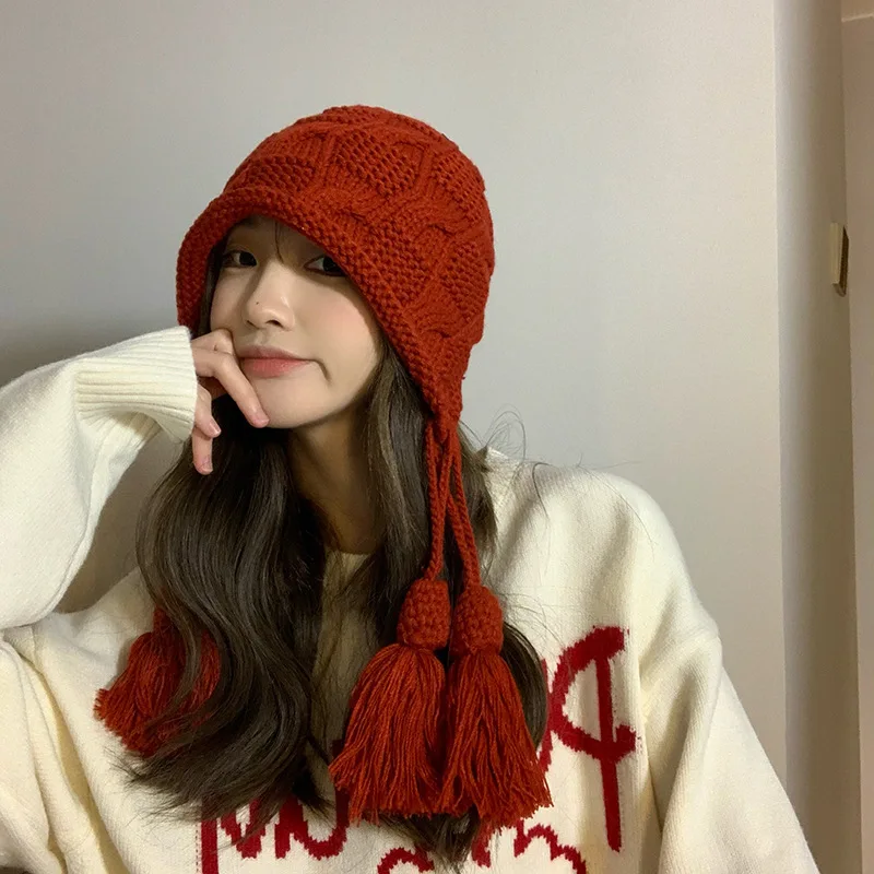 Johnature New Year Red Tassel Hat Women Autumn Winter Warm Woolen Fringed Pullover Hat Hand-knitted Ear Protection Hat Japanese