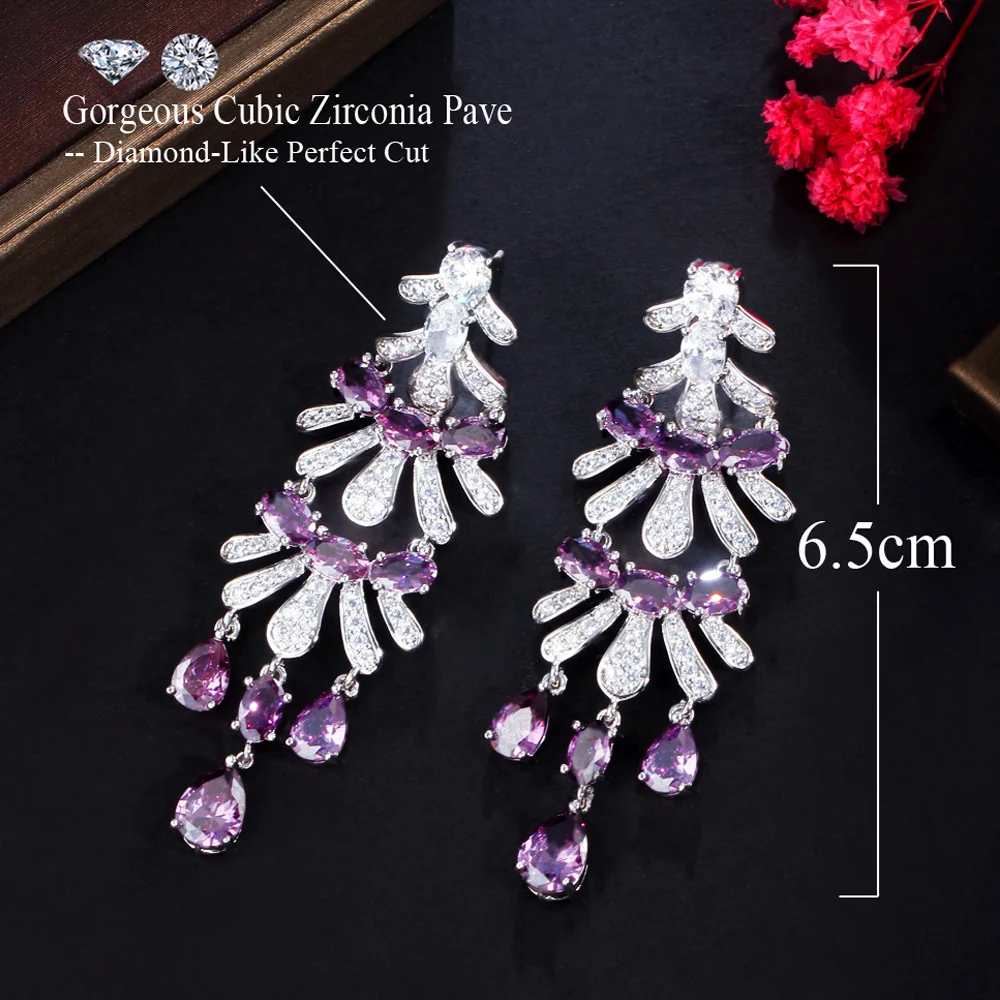 ThreeGraces Elegant Purple Cubic Zirconia Bridal Wedding Long Dangle Drop Earrings for Women New Fashion Party Jewelry E1274