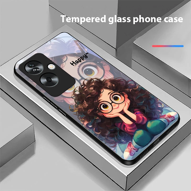 Curly haired girl For Oppo A79 5G 58 78 74 60 4G Reno 11F Realme GT 6 11 Note 50 10 C55 X2 Tempered glass black phone case