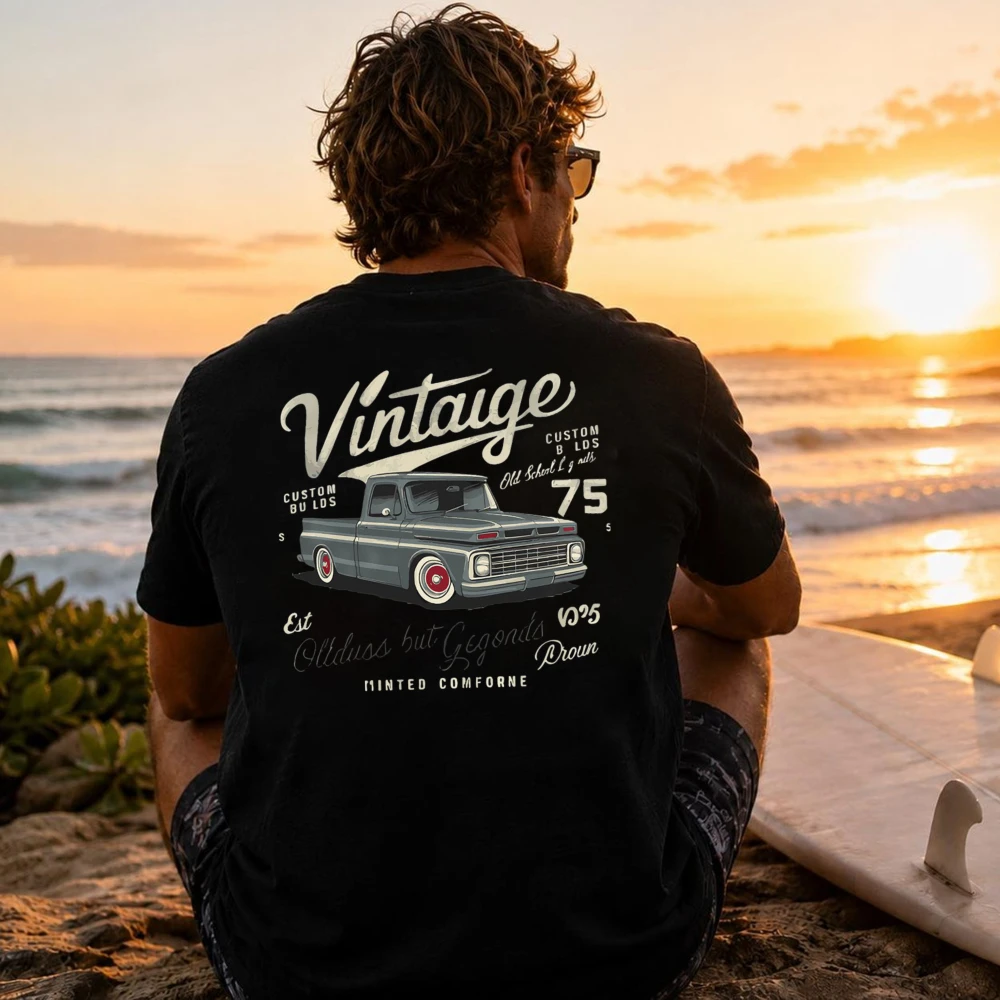 Men's Vintage Classic Pickup Truck T-Shirt Retro Old School Truck Graphic Tee Vintage Cotton Shirt Gift for Truck Enthusiasts