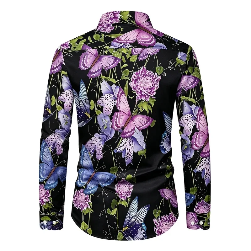 Men's long-sleeved shirt with all-over butterfly and chrysanthemum print, stretchy, casual, collared, floral print.