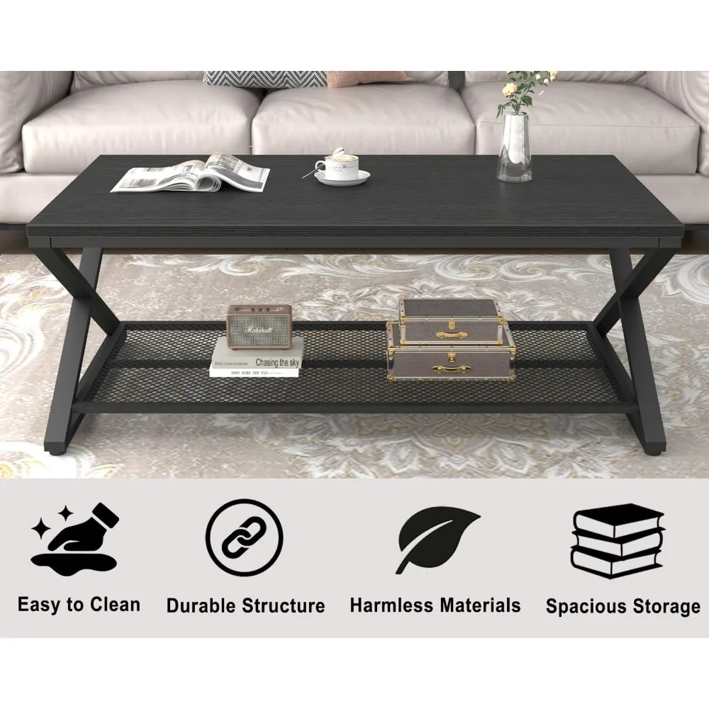 طاولة قهوة سوداء، طاولات مركزية من طبقتين معدنية خشبية مع رف تخزين، طاولة شاي خرسانية مستطيلة حديثة لغرفة المعيشة #6