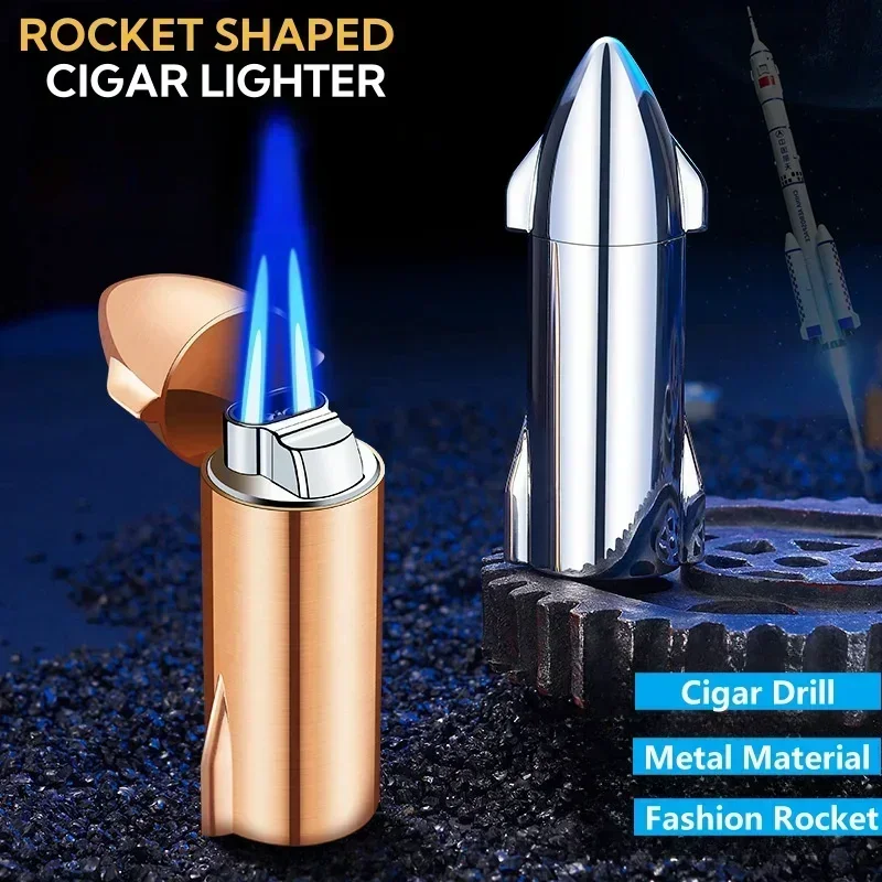 

Creative Rocket Shaped Double Blue Flame Torch Jet Cigar Lighter Metal Outdoor Windproof Butane Gas Lighter High End Gift