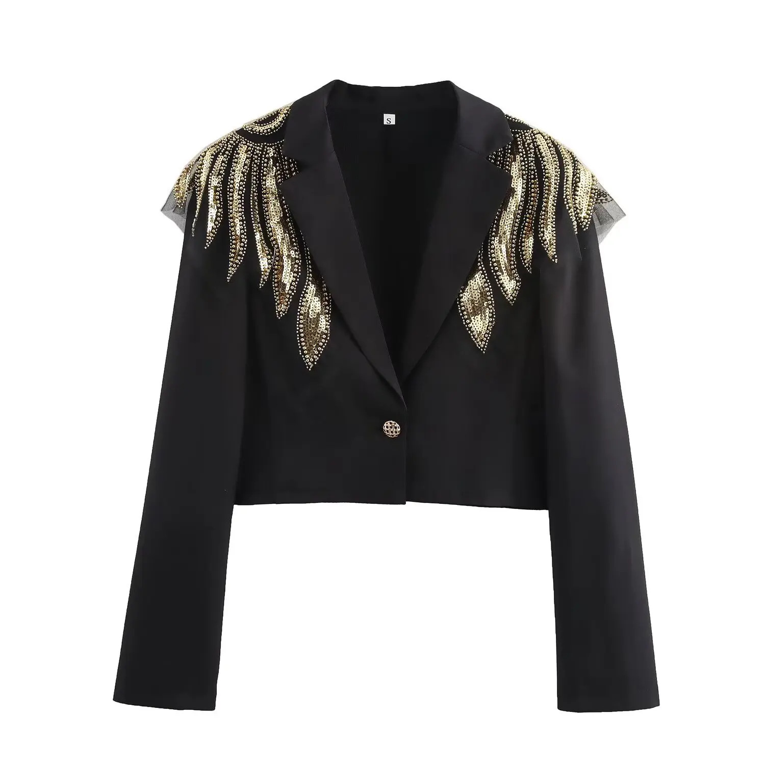 Fashionable Spring Luxury Exquisite Sequined Beaded Black Jacket Work Office Lady One Button Blazer Coat