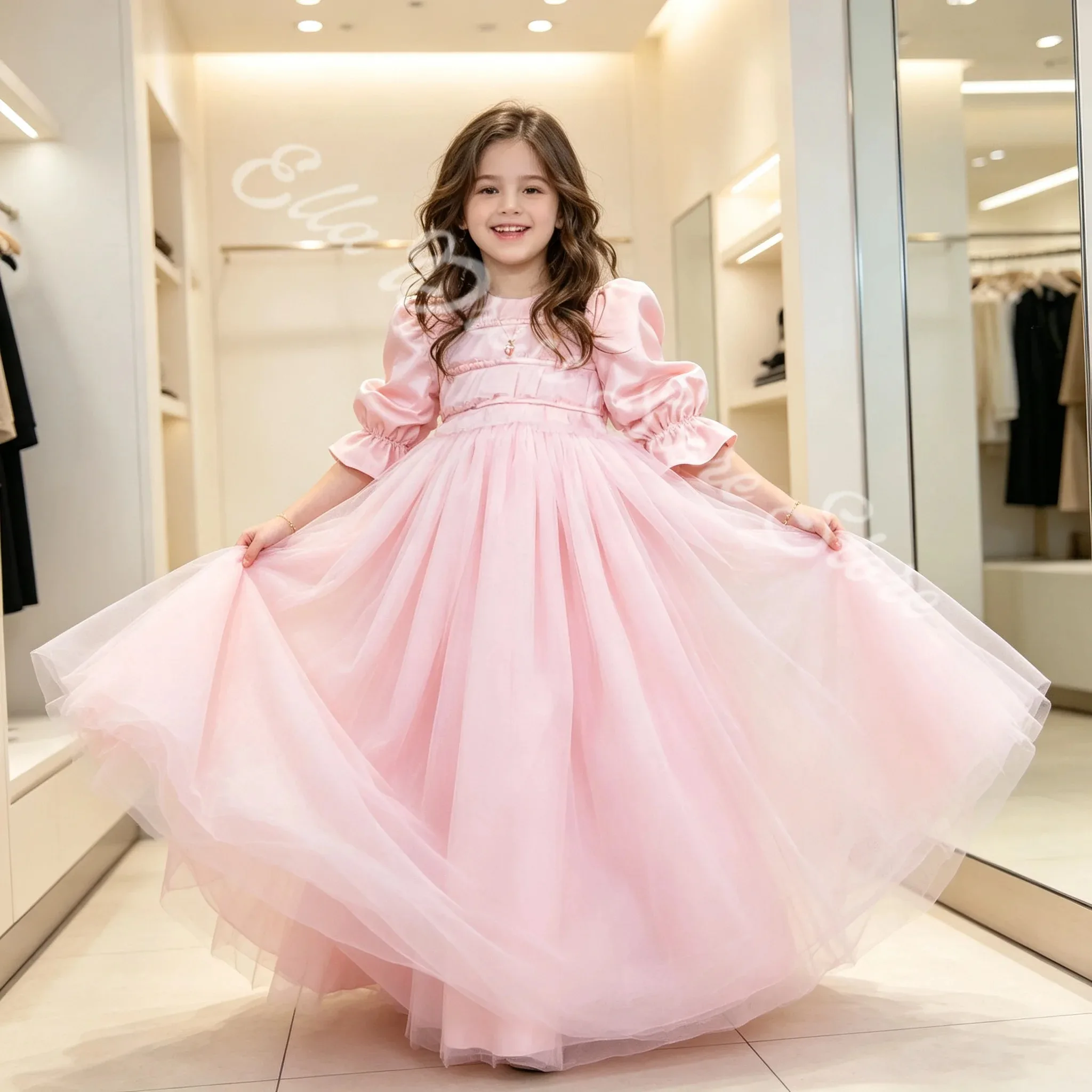 Großhandel Rosa Kleid mit Puffärmeln für Mädchen, Blumenmädchenkleid für Hochzeitszeremonien, formelle Empfänge, Partys, individuell anpassbar – Detail 1