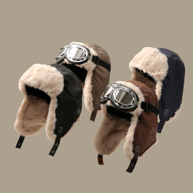 หมวกสำหรับผู้ชายและผู้หญิง ฤดูใบไม้ร่วงและฤดูหนาว หมวกนักบิน อุปกรณ์ป้องกันหูสำหรับปั่นจักรยาน แว่นตาป้องกันลมกำมะหยี่ หมวกหนาและอบอุ่น