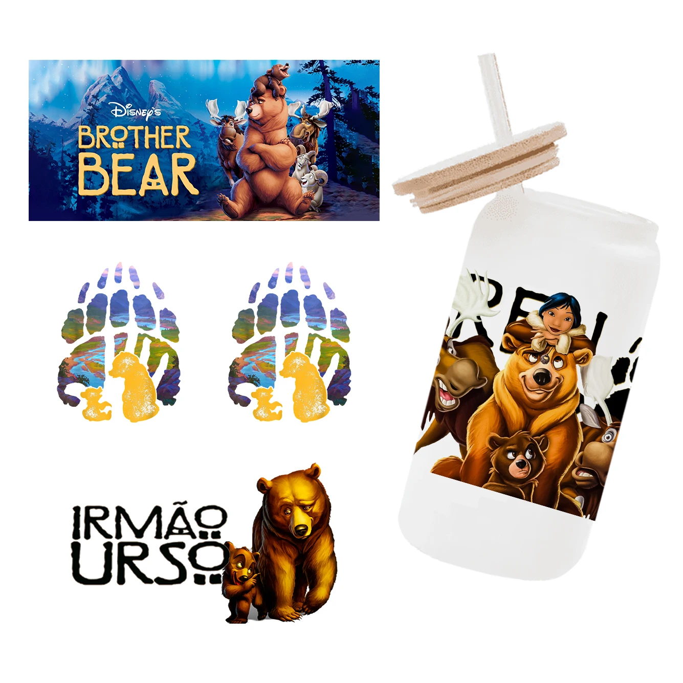 

Наклейка на чашку Brother Bear Disney, водонепроницаемая стеклянная наклейка «сделай сам», Размер 11 х24 см, защита от ультрафиолета, DTF, 16 унций, подарок на кофе