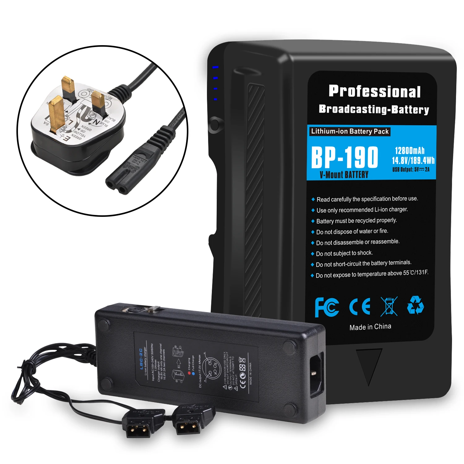 12800mAh BP-190 BP-190V Mount Battery and D-Tap Charger for Sony Broadcast HDCAM XDCAM Camcorder BL-BP150 LED Video Light BP-150