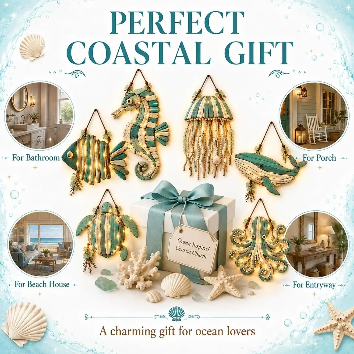 Lighted Coastal Starfish & Fish Wall Decor, Warm LED Nautical Art