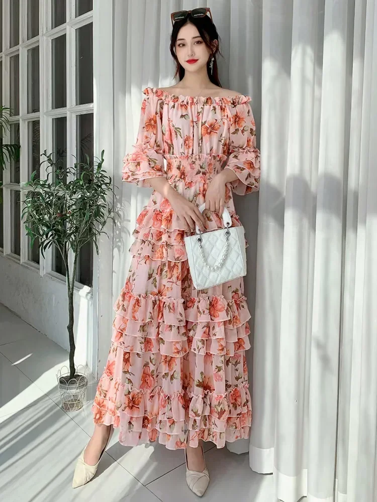 Summer New Off Shoulder  Wrap Waist to Show Thin A-line Fragmented Cake Dress Women\'s Beach Vacation Chiffon Long Dress GD820