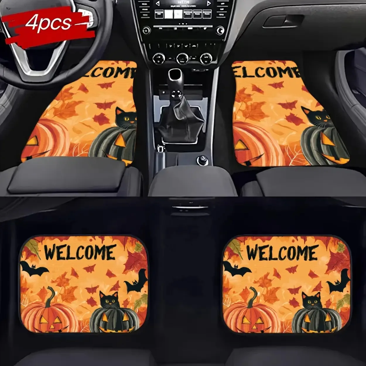 Set Of 4 Universal Car Floor Mats With Digital Print Patterns, All-Weather Protection, Halloween And Christmas Themed Car Interi