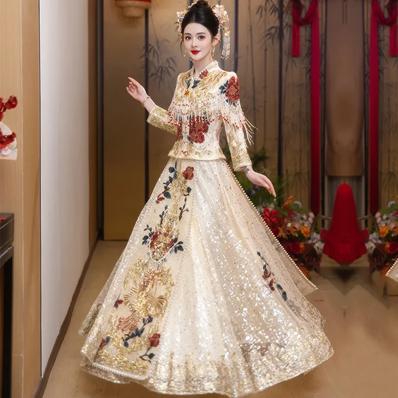 Champagne-colored light-colored peonies high-end custom wedding dress new Chinese-style and toasting attire