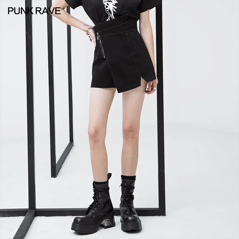 

PUNK RAVE Women's Punk Style A-line Asymmetic Slim Short Jeans High Waist Casual Wear Handsome Girl Black Shorts