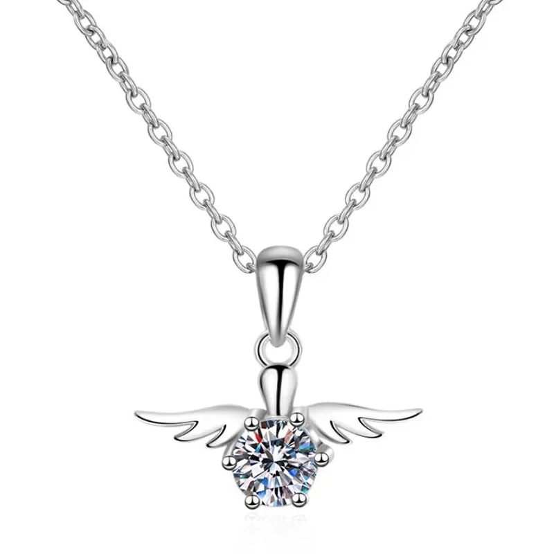 

S925 Sterling Silver Platinum Plated Pendant Women's Mosonite Necklace Original Angel Wings 50 points