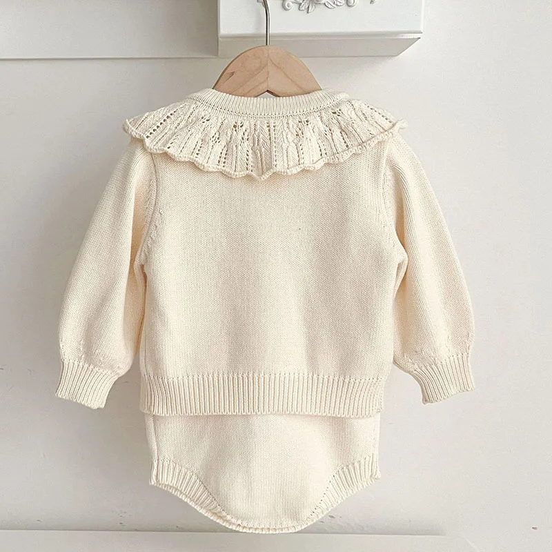 Autumn Winter Toddler Baby Girls Knitting Clothes Suit Embroidered Cardigan Coat+Jumpsuit Children Knitted Clothing Set