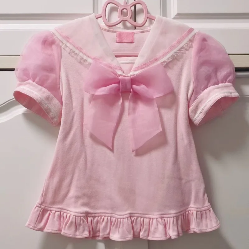 

Japanese Kawaii Bow Short-sleeve T-shirt Summer Navy Collar College-style T Shirts Sweet Tees Women's Top Cute Harajuku Clothing