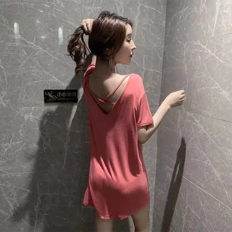 

Modal Nightdress Women Summer Loose Backless Korean Version Long Pajamas Short Sleeved Solid Color Sexy Home Wear Summer Dress