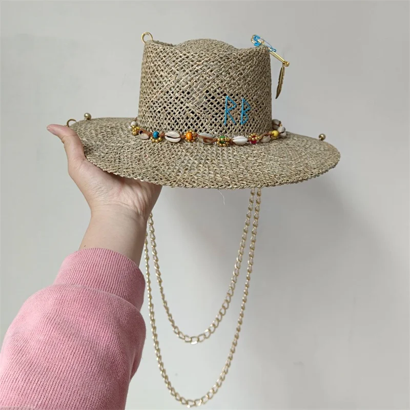 Women\'s Punk Straw Hat 2023 New Sun Hat Gold Chain Accessories Men\'s Jazz Hip Hop Summer Hat Punk Style Beach Hat Church Hat