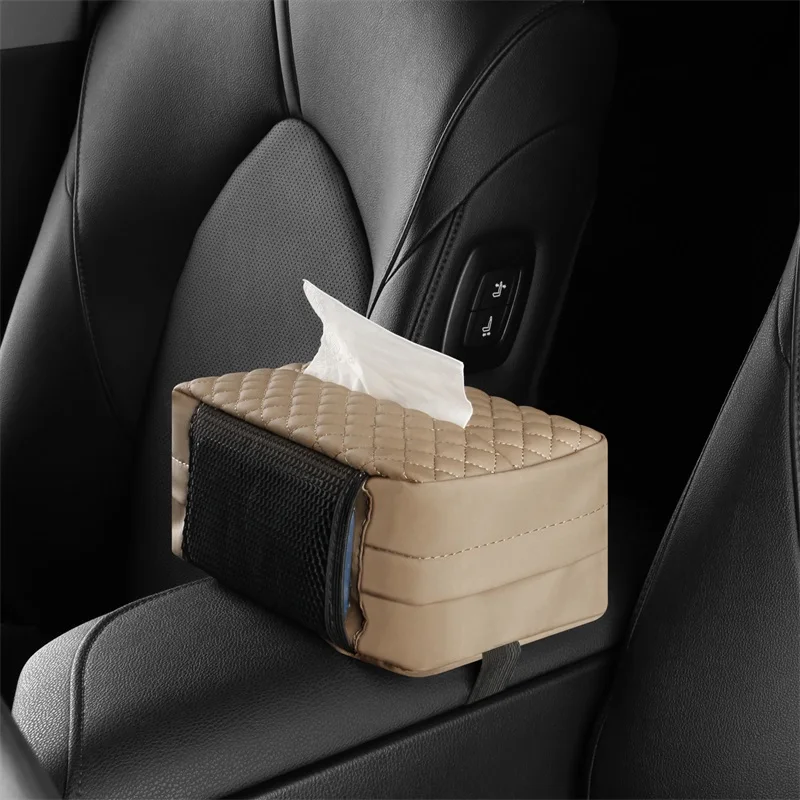 Universal Car PU Leather Tissue Box with Elastic Belt And Backrest Large Capacity Multifunctional Vehicle Tissue Holder